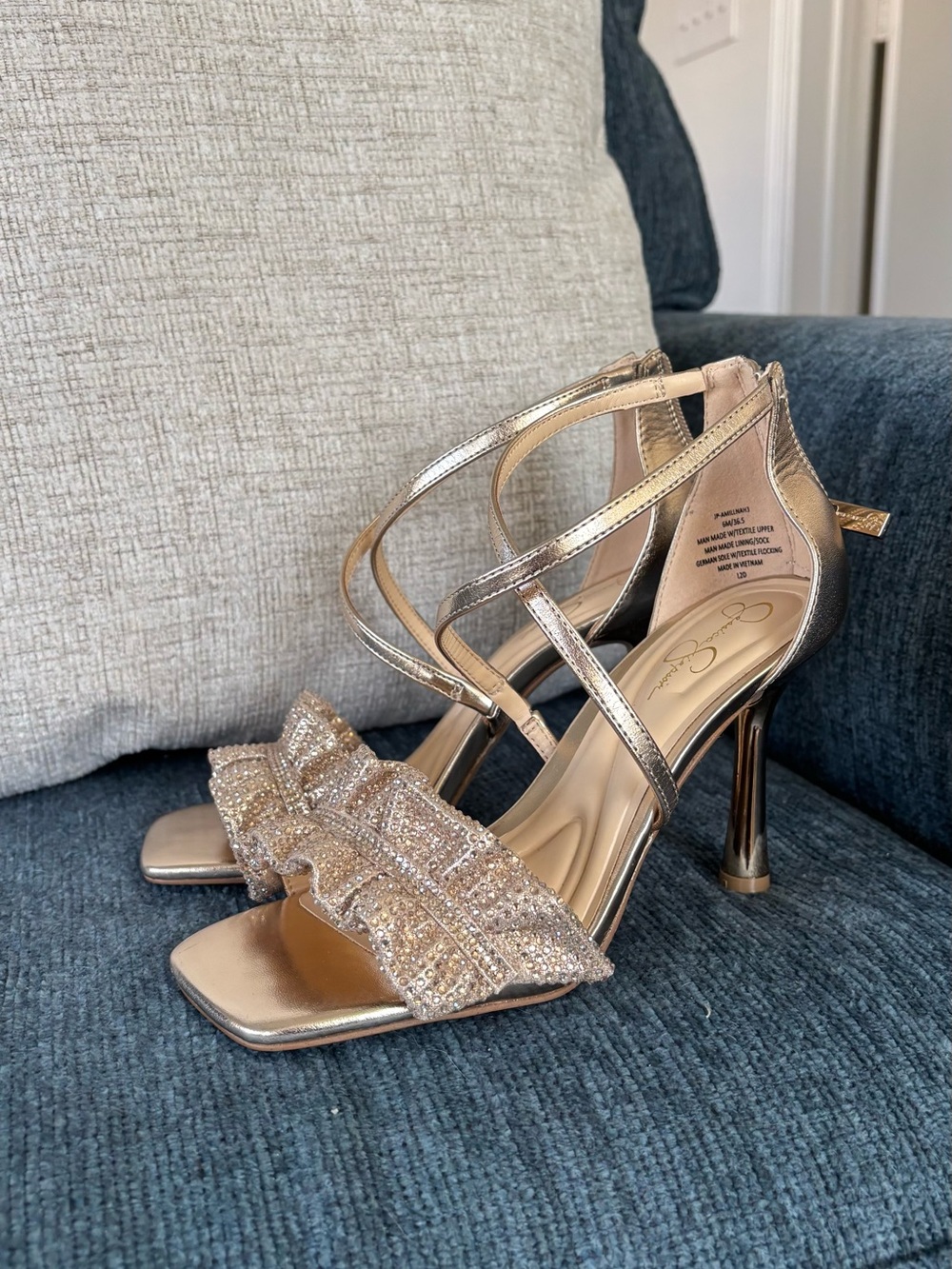 Jessica Simpson Metallic Gold Crystal Ruffle Strappy Heels